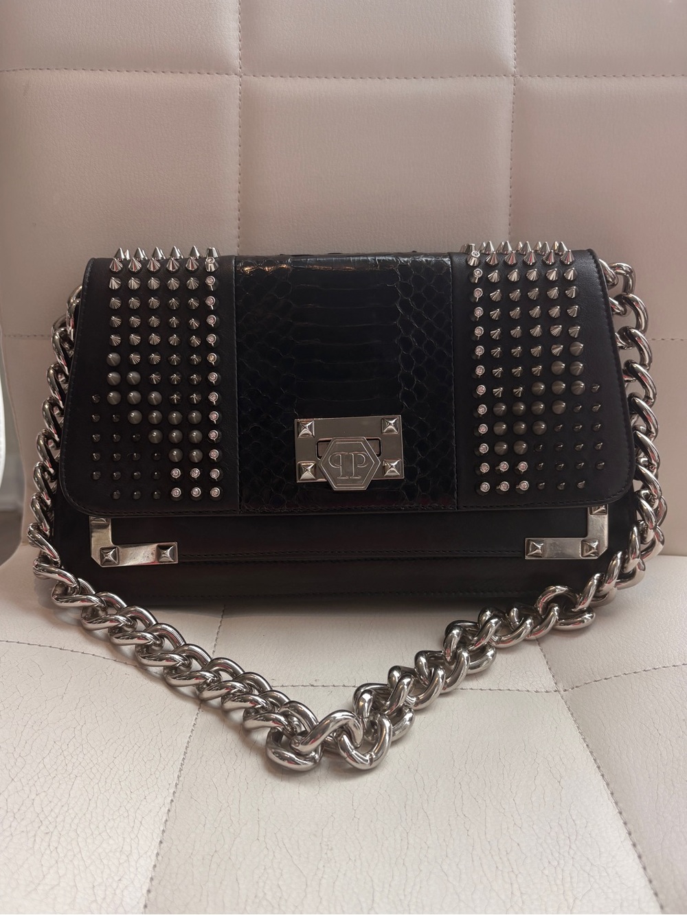 Philipp Plein Black Leather Studded Shoulder Bag with Silver Chain